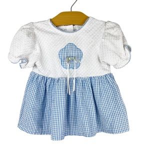 Vintage Small Steps Gingham Top Flower Accent Blue White Size 24 Months